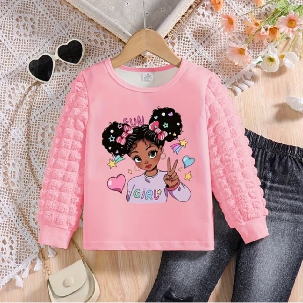 Kids Pink Graphic Ruffle-Sleeve Top - Cute Girl Print